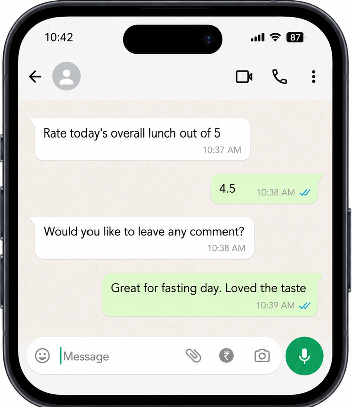 WhatsApp conversation showing employee meal feedback and rating