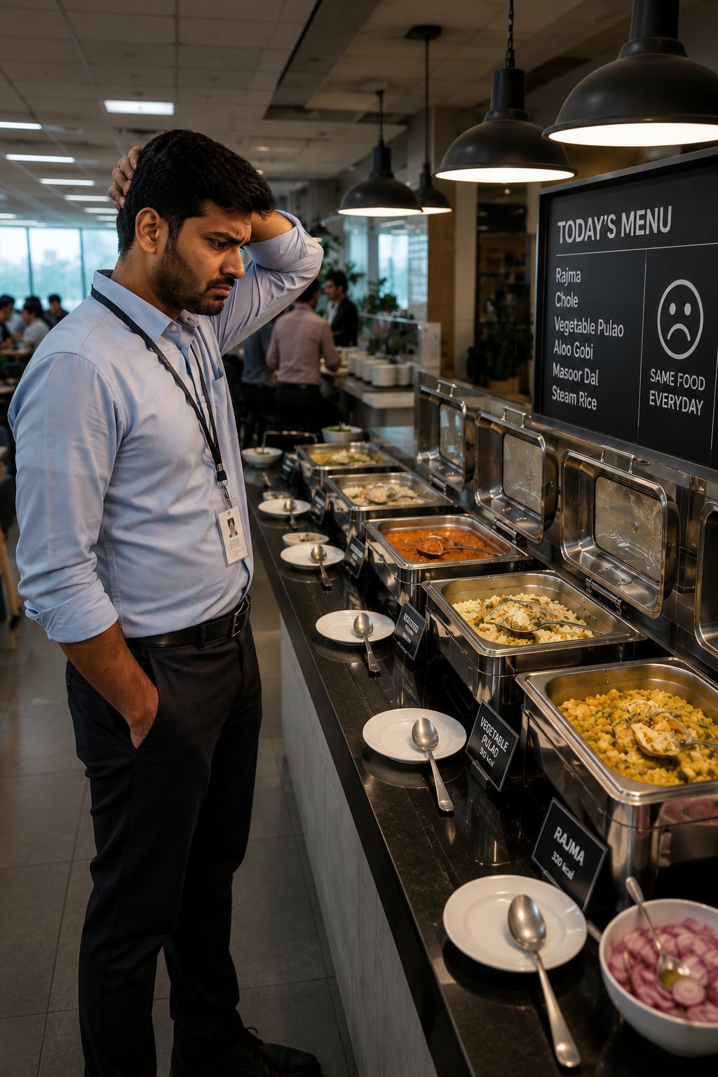 Frustrated employee staring at the same daily buffet menu